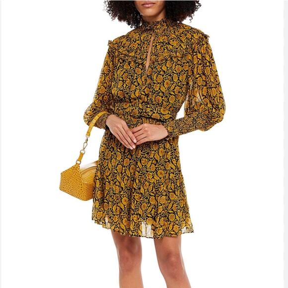 NICHOLAS Dresses & Skirts - NICHOLAS Abbey Ruffled Printed Crepe Mini Dress In Mustard Yellow w/ Belt SZ 0